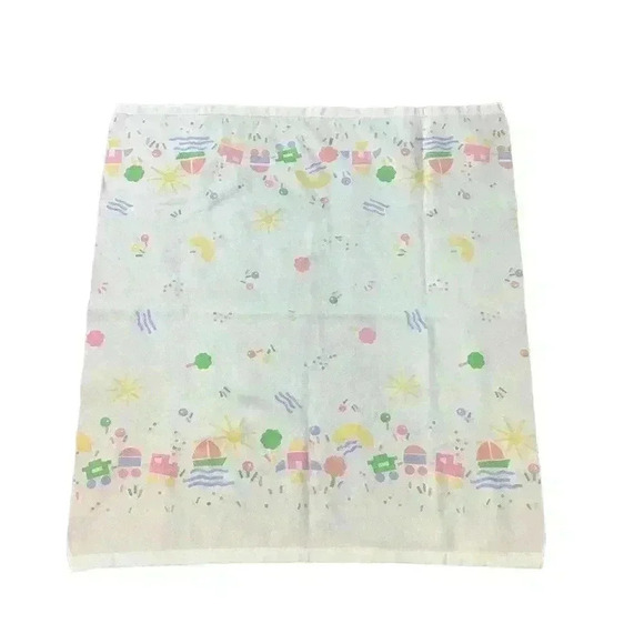 Baby Blanket Multicolor Pastel Print Trains Boats Rockets 46x40 Satin Bind VTG - Picture 1 of 4